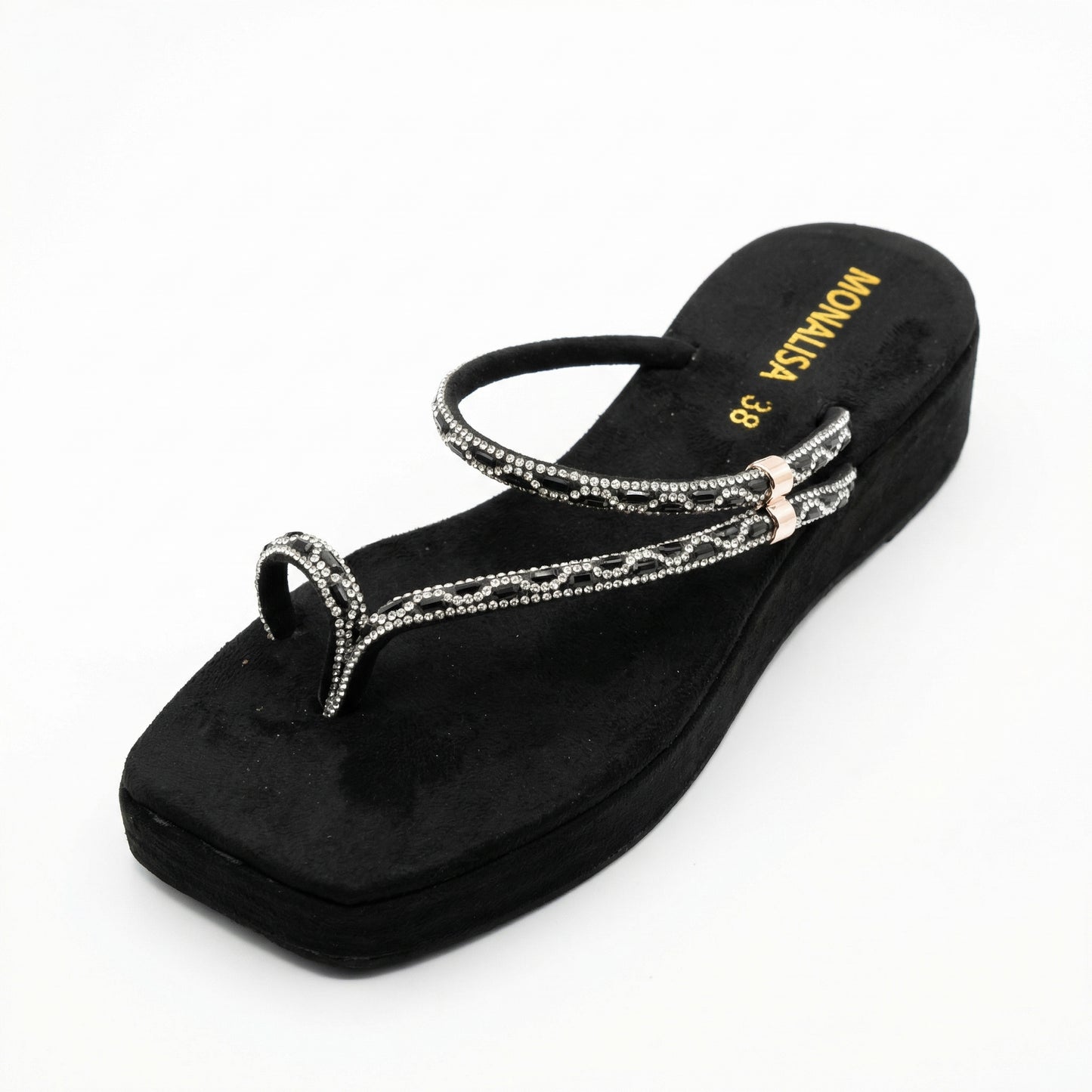 Black Rhinestone Toe-Loop Platform Sandals | Monalisa