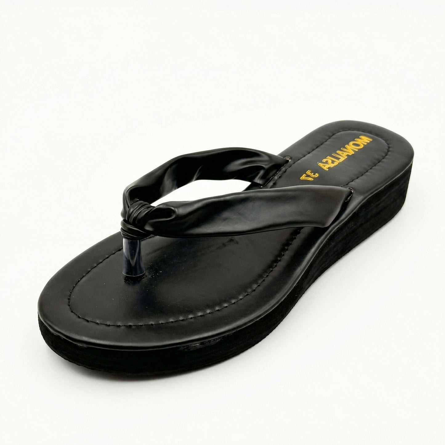 Black Ruched Strap Wedge Thong Sandals | Monalisa
