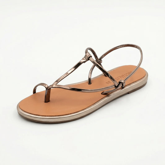 Metallic Bronze Strappy Toe-Loop Flat Sandals | Monalisa