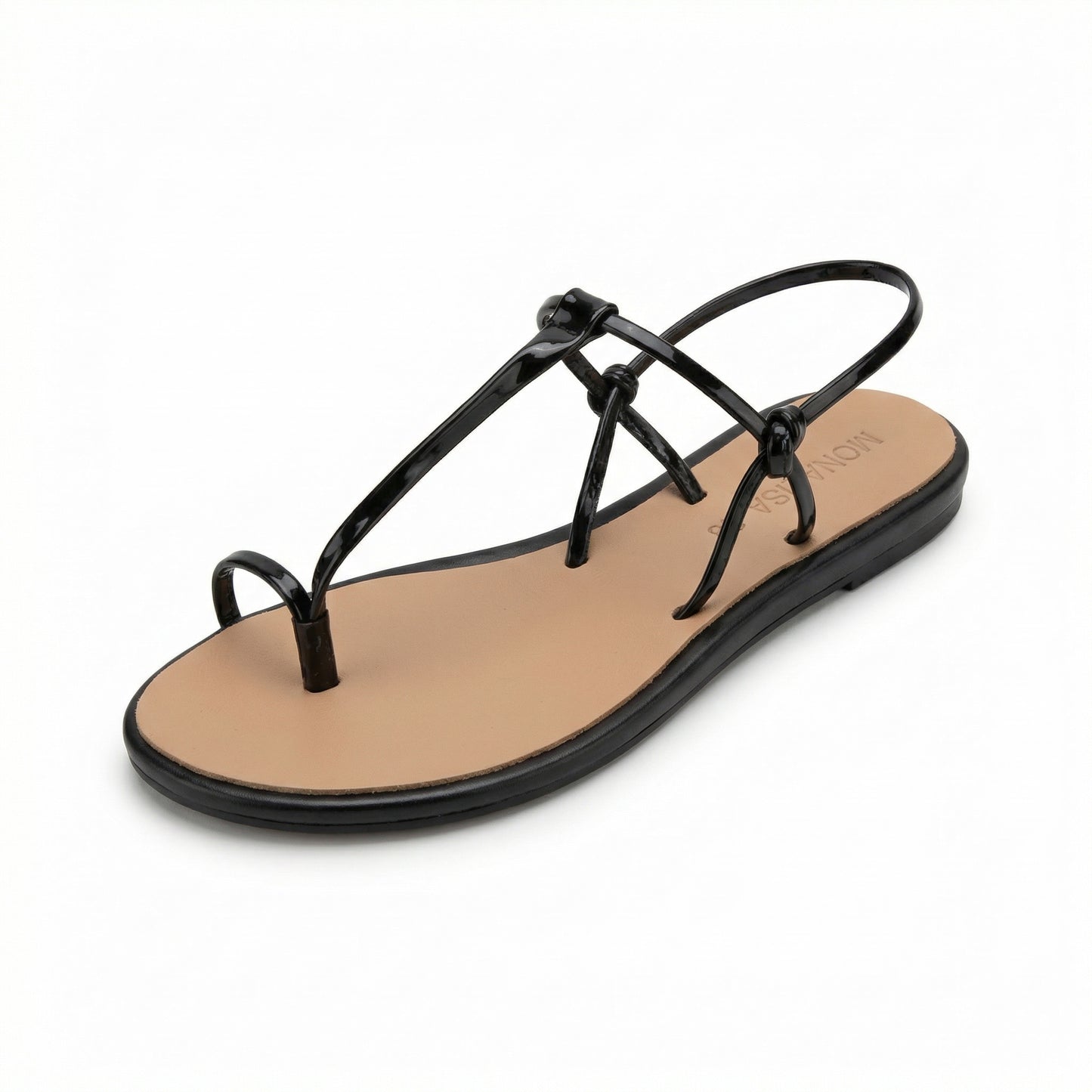 Black Patent Strappy Toe-Loop Flat Sandals | Monalisa