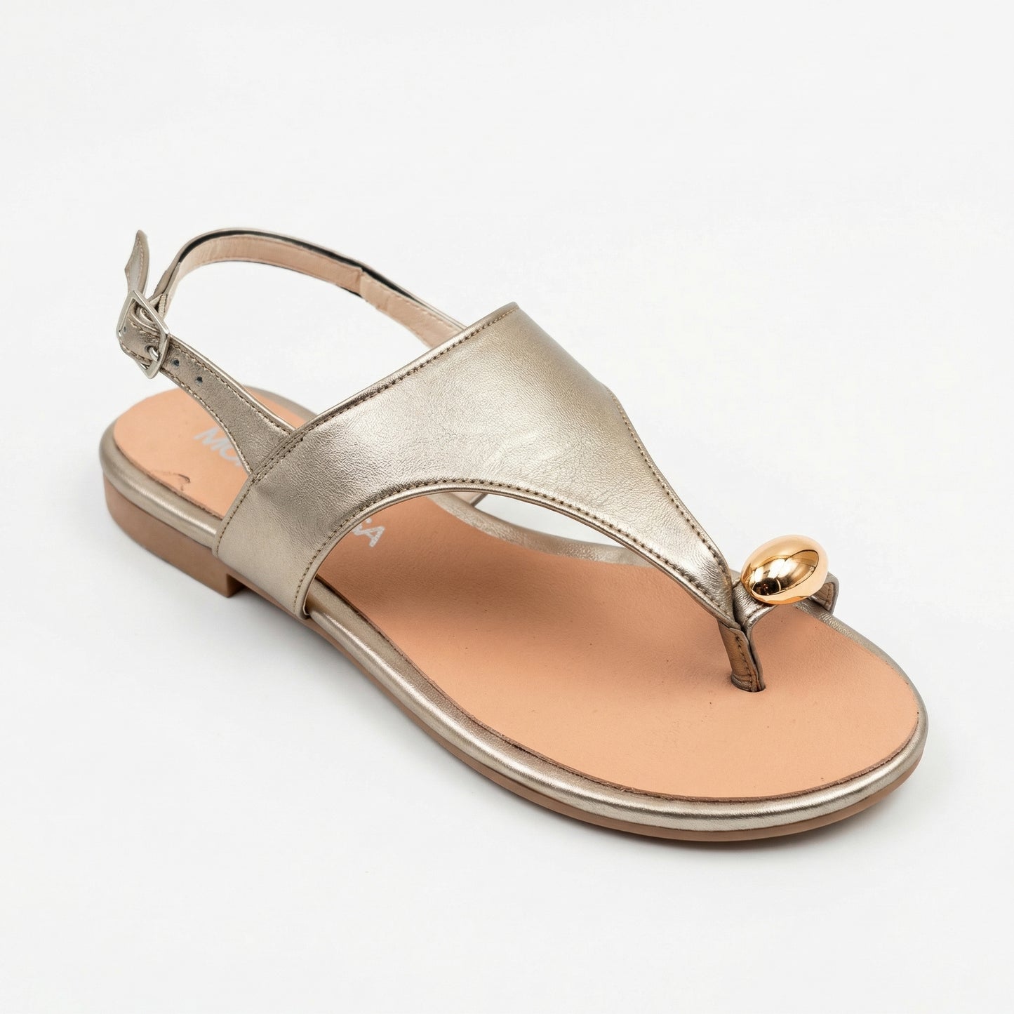 Metallic Champagne T-Strap Slingback Flat Sandals | Monalisa