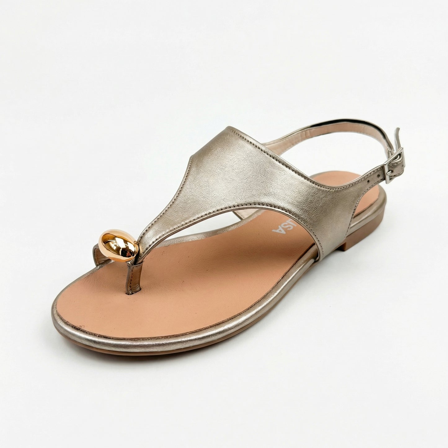 Metallic Champagne T-Strap Slingback Flat Sandals | Monalisa