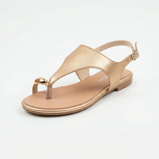 Metallic Rose Gold T-Strap Slingback Flat Sandals | Monalisa