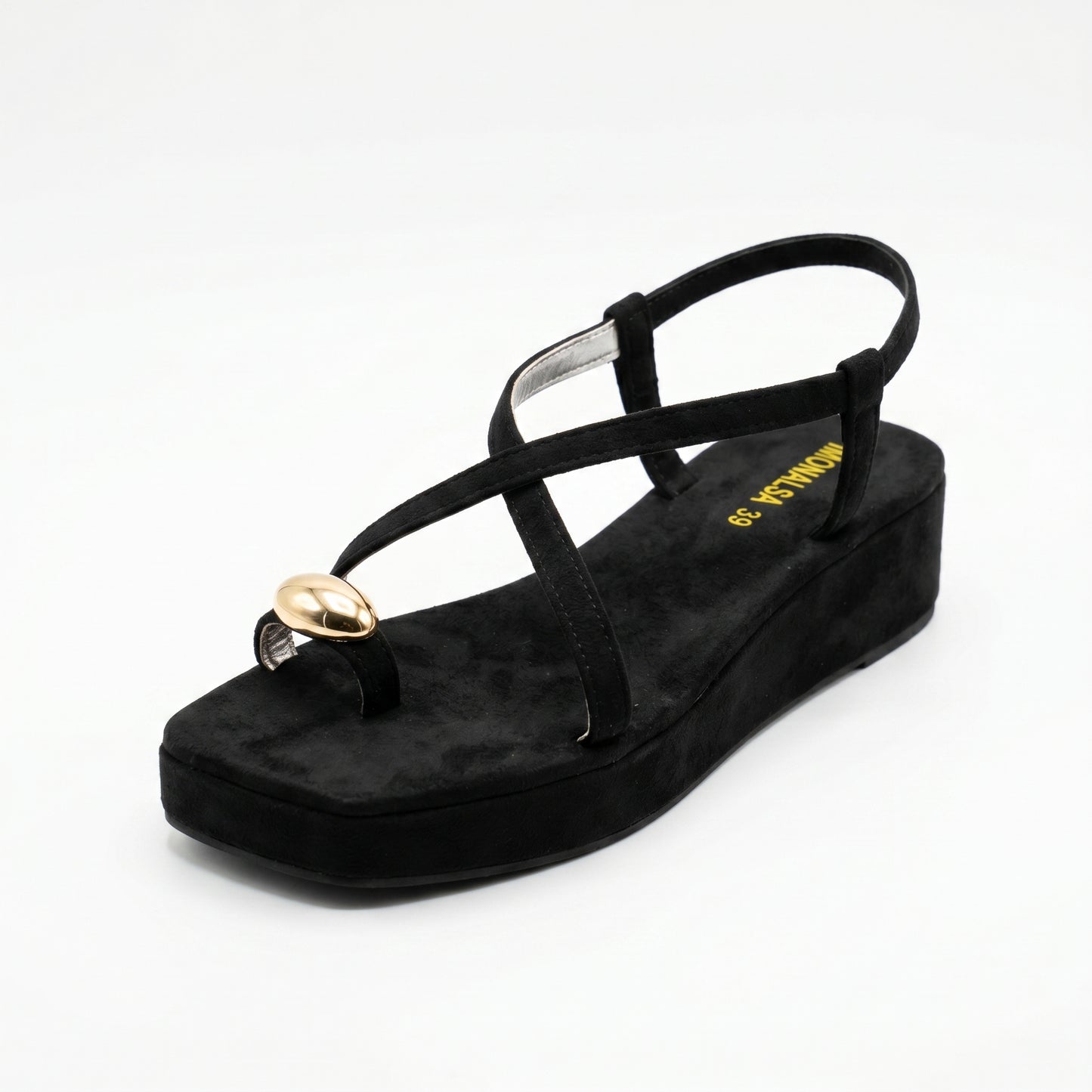 Black Suede Gold Dome Toe-Loop Wedge Sandals