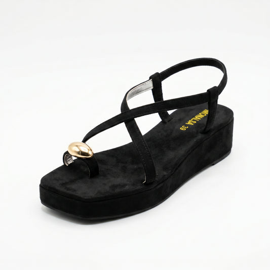 Black Suede Gold Dome Toe-Loop Wedge Sandals