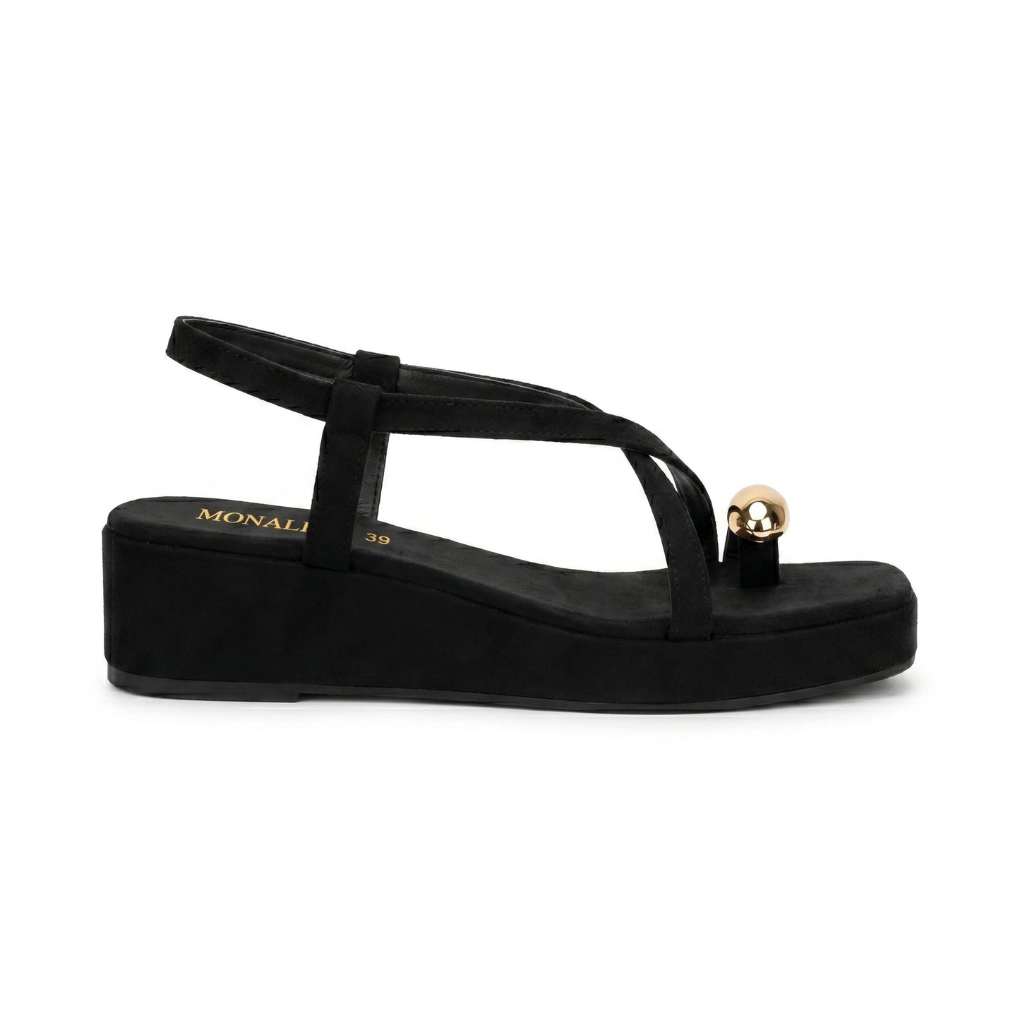 Black Suede Gold Dome Toe-Loop Wedge Sandals