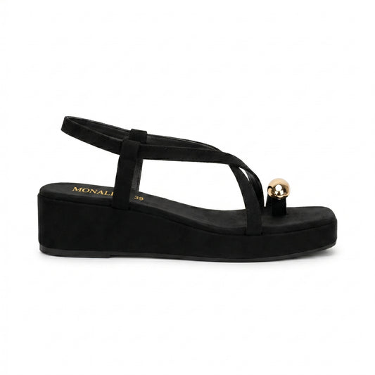 Black Suede Gold Dome Toe-Loop Wedge Sandals