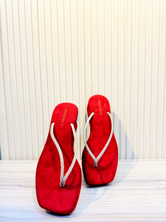 Crystal Thong Wedge Sandal | Red