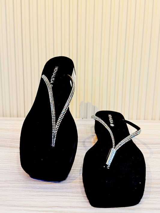 Double Row Rhinestone Wedge Flip Flops | Black