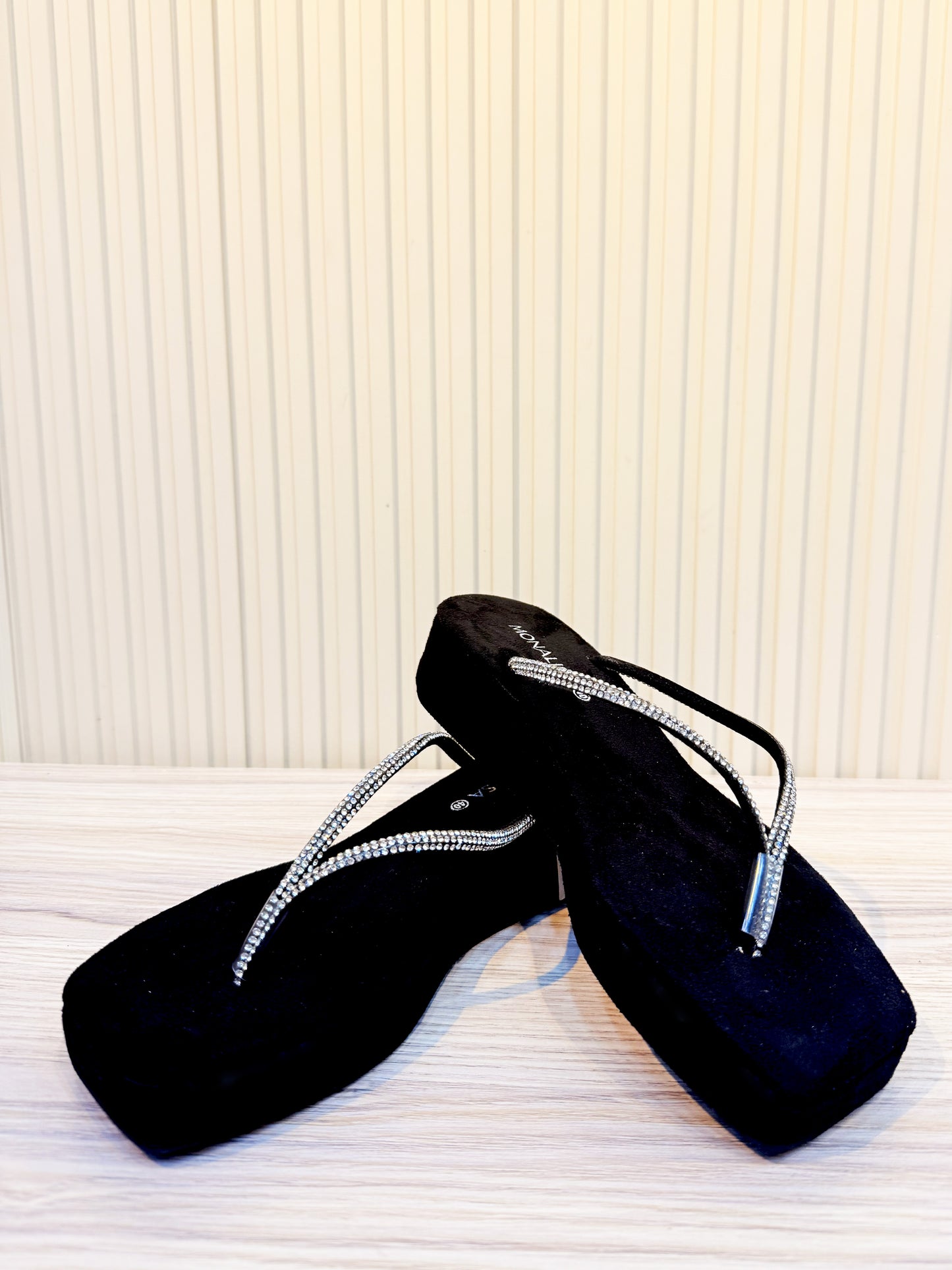 Double Row Rhinestone Wedge Flip Flops | Black