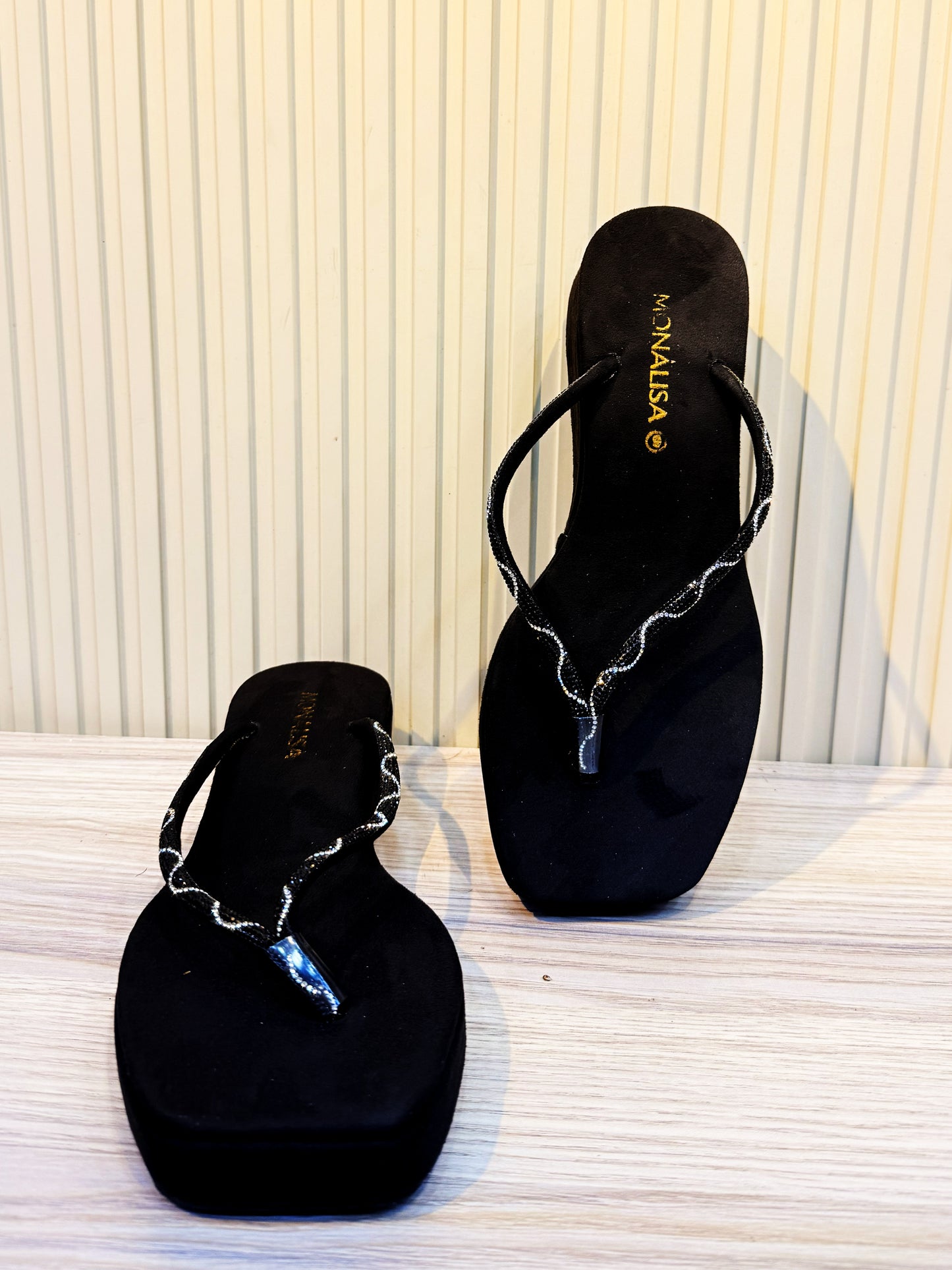 Women's Black Beaded Thong Sandals - Wavy Silver Flip Flops
