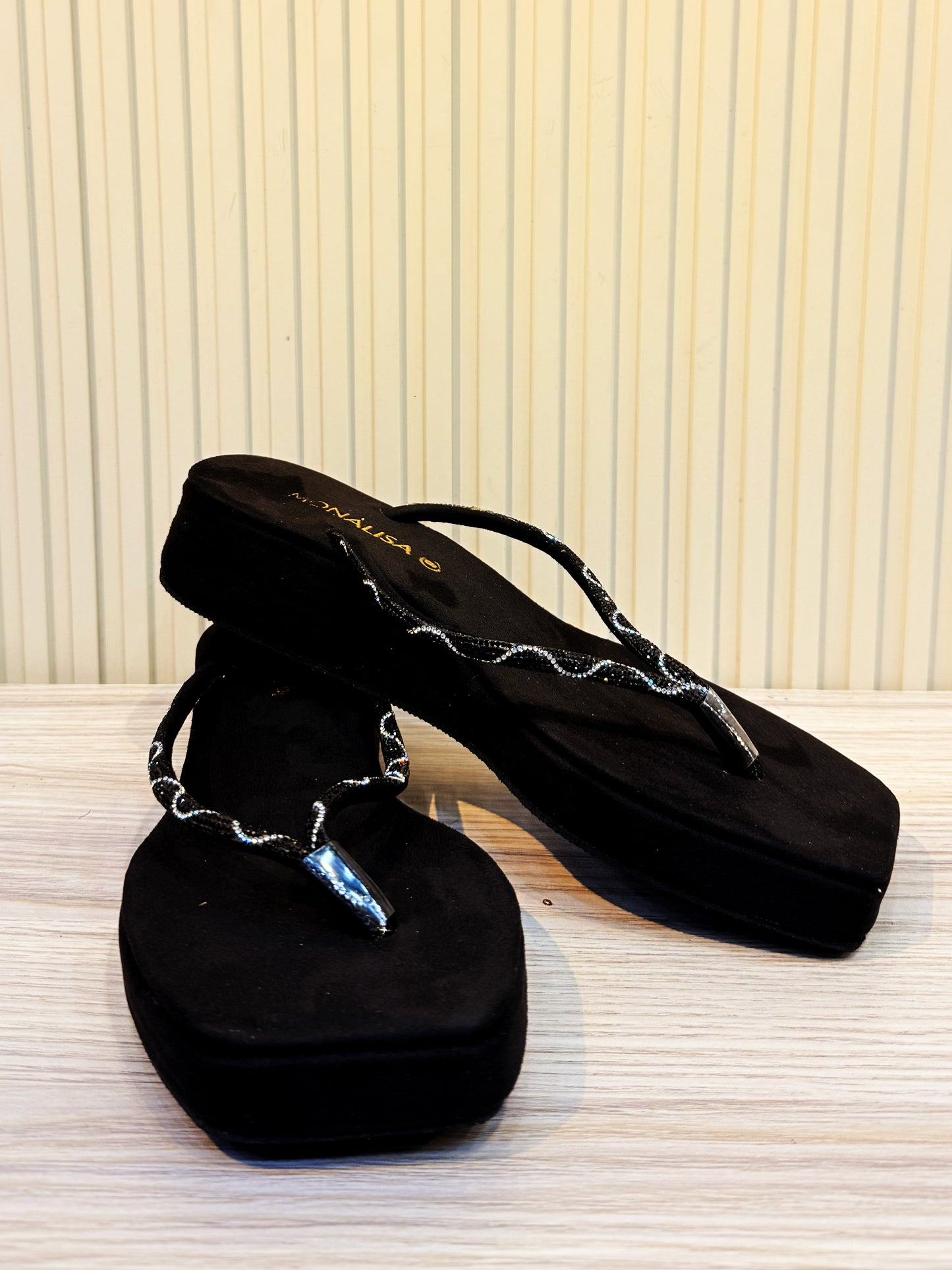 Women's Black Beaded Thong Sandals - Wavy Silver Flip Flops