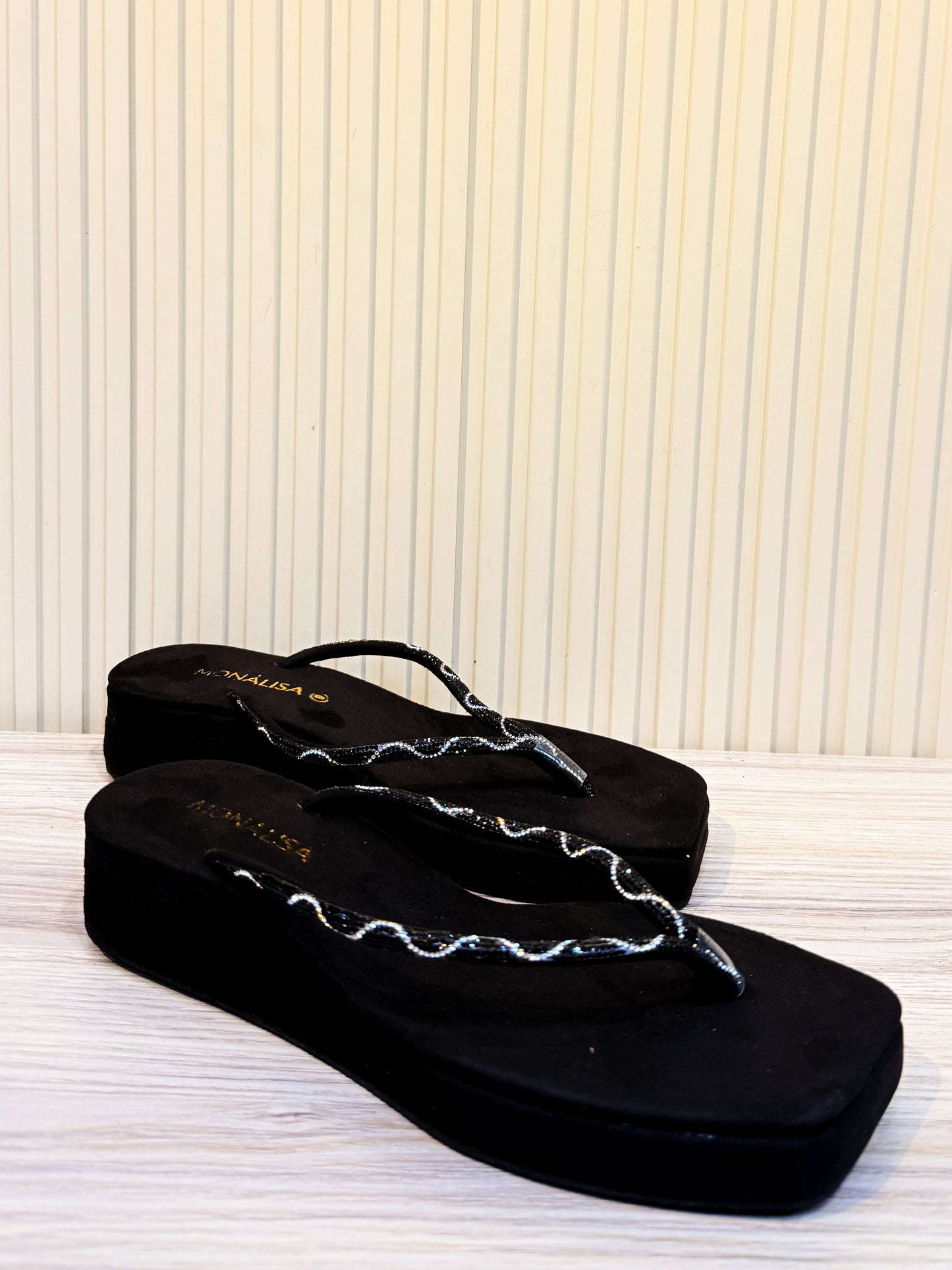 Women's Black Beaded Thong Sandals - Wavy Silver Flip Flops