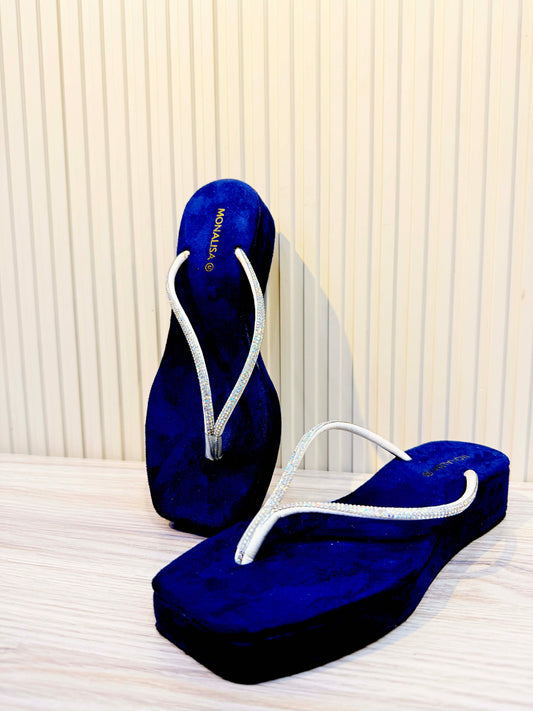 Rhinestone-Strap Velvet Wedges - Royal Blue