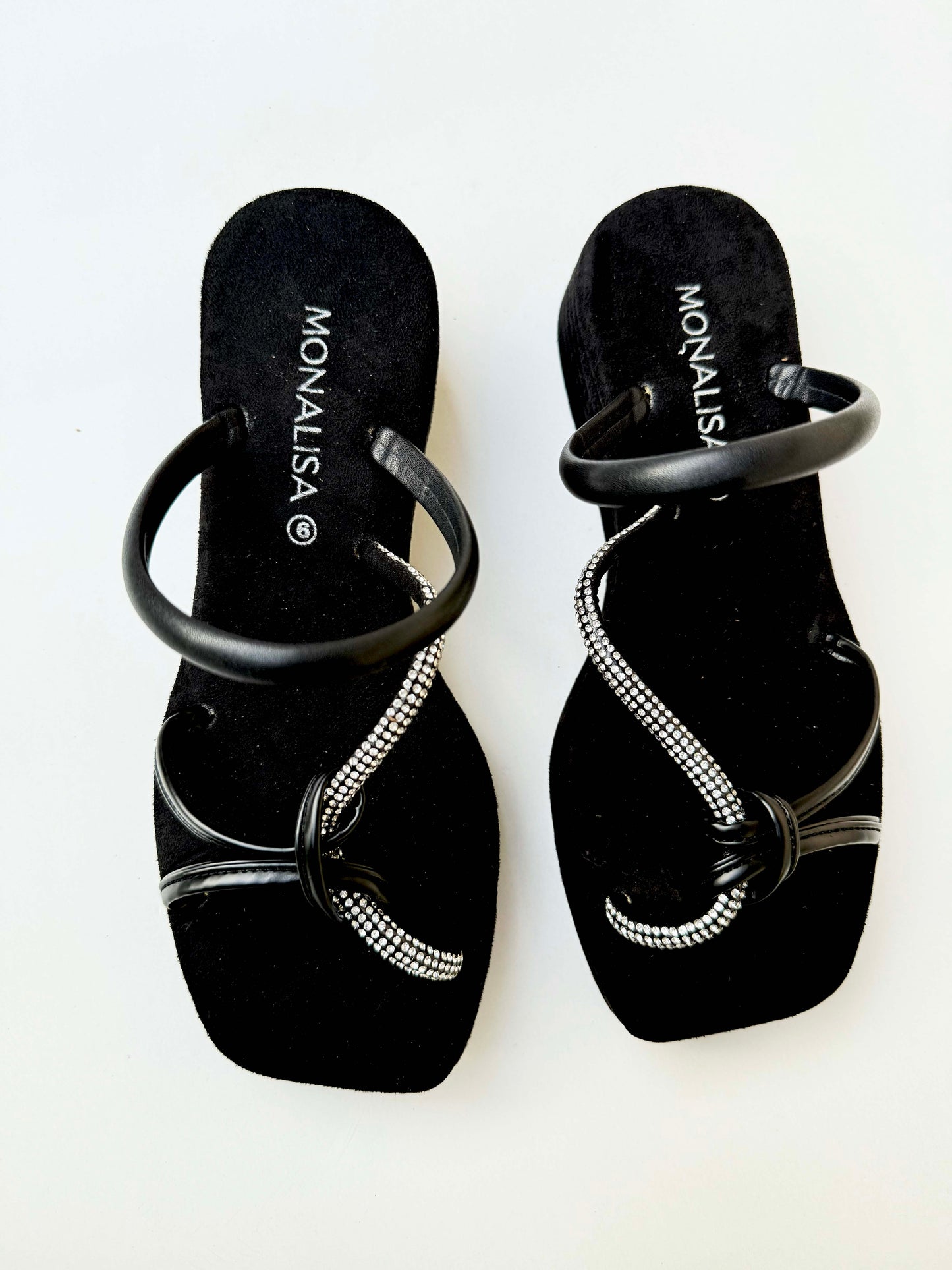 Women's Black Rhinestone Strap Sandals - Crystal Embellished Flat Slingback Footwear