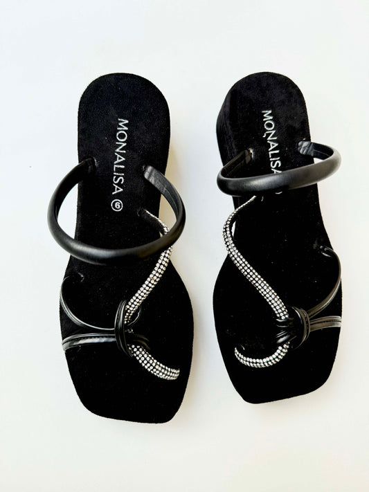 Women's Black Rhinestone Strap Sandals - Crystal Embellished Flat Slingback Footwear