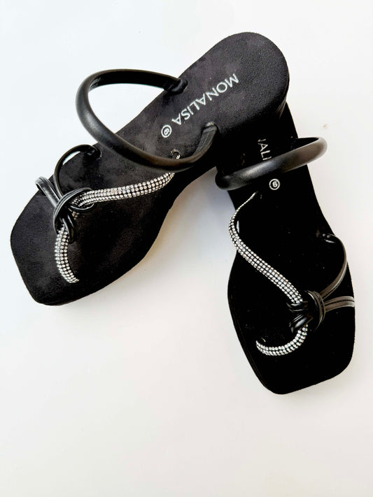 Women's Black Rhinestone Strap Sandals - Crystal Embellished Flat Slingback Footwear