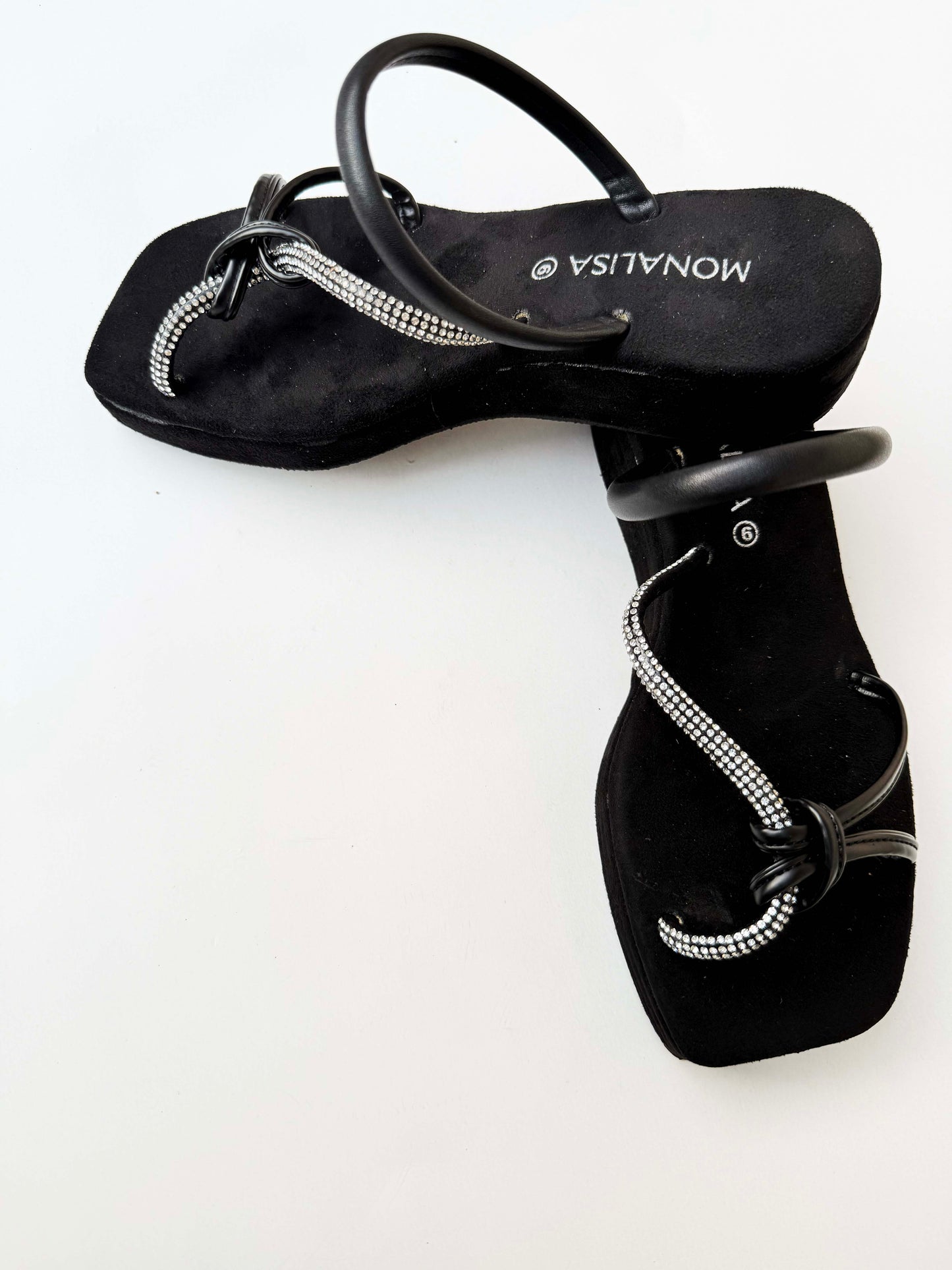 Women's Black Rhinestone Strap Sandals - Crystal Embellished Flat Slingback Footwear