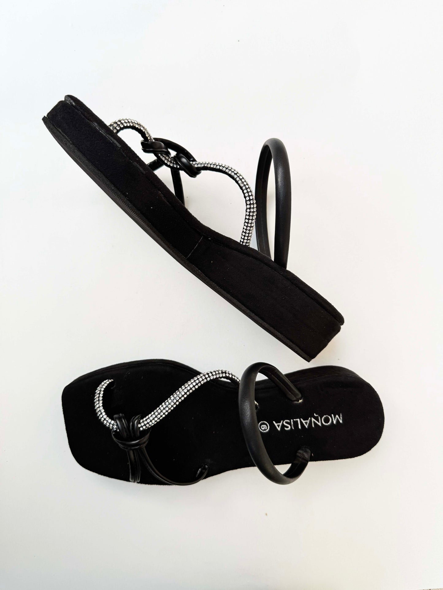 Women's Black Rhinestone Strap Sandals - Crystal Embellished Flat Slingback Footwear