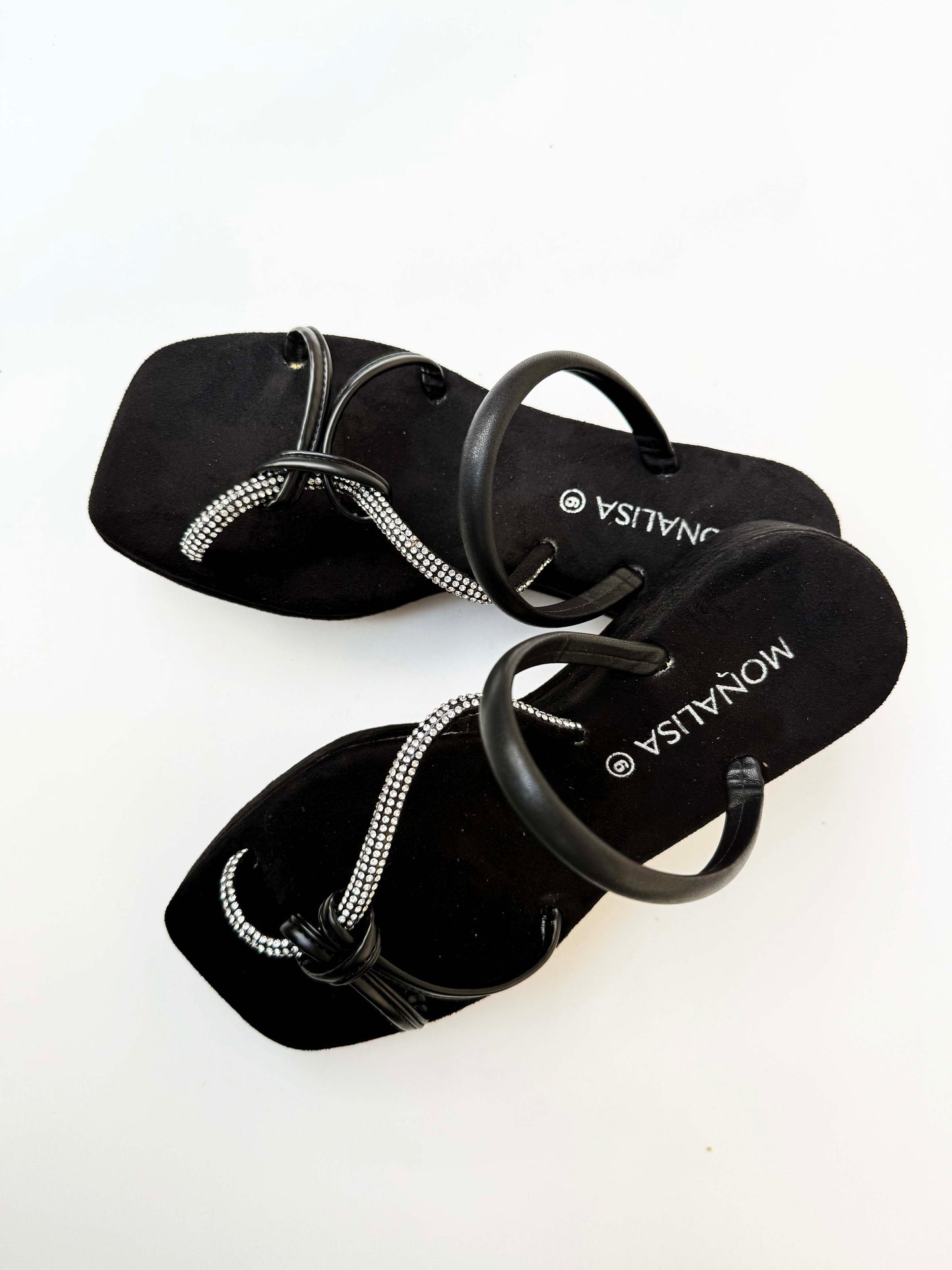 Women's Black Rhinestone Strap Sandals - Crystal Embellished Flat Slingback Footwear