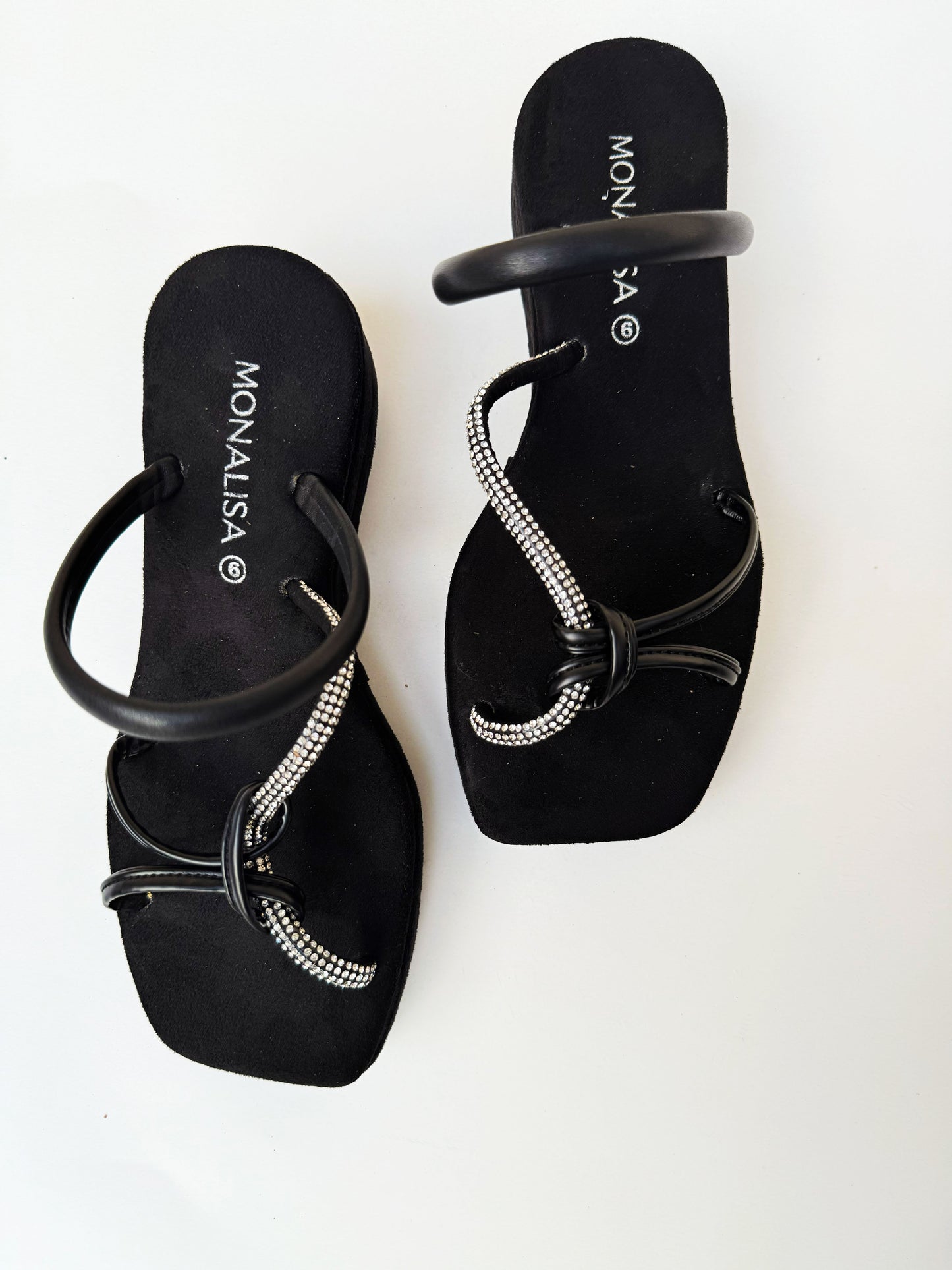 Women's Black Rhinestone Strap Sandals - Crystal Embellished Flat Slingback Footwear