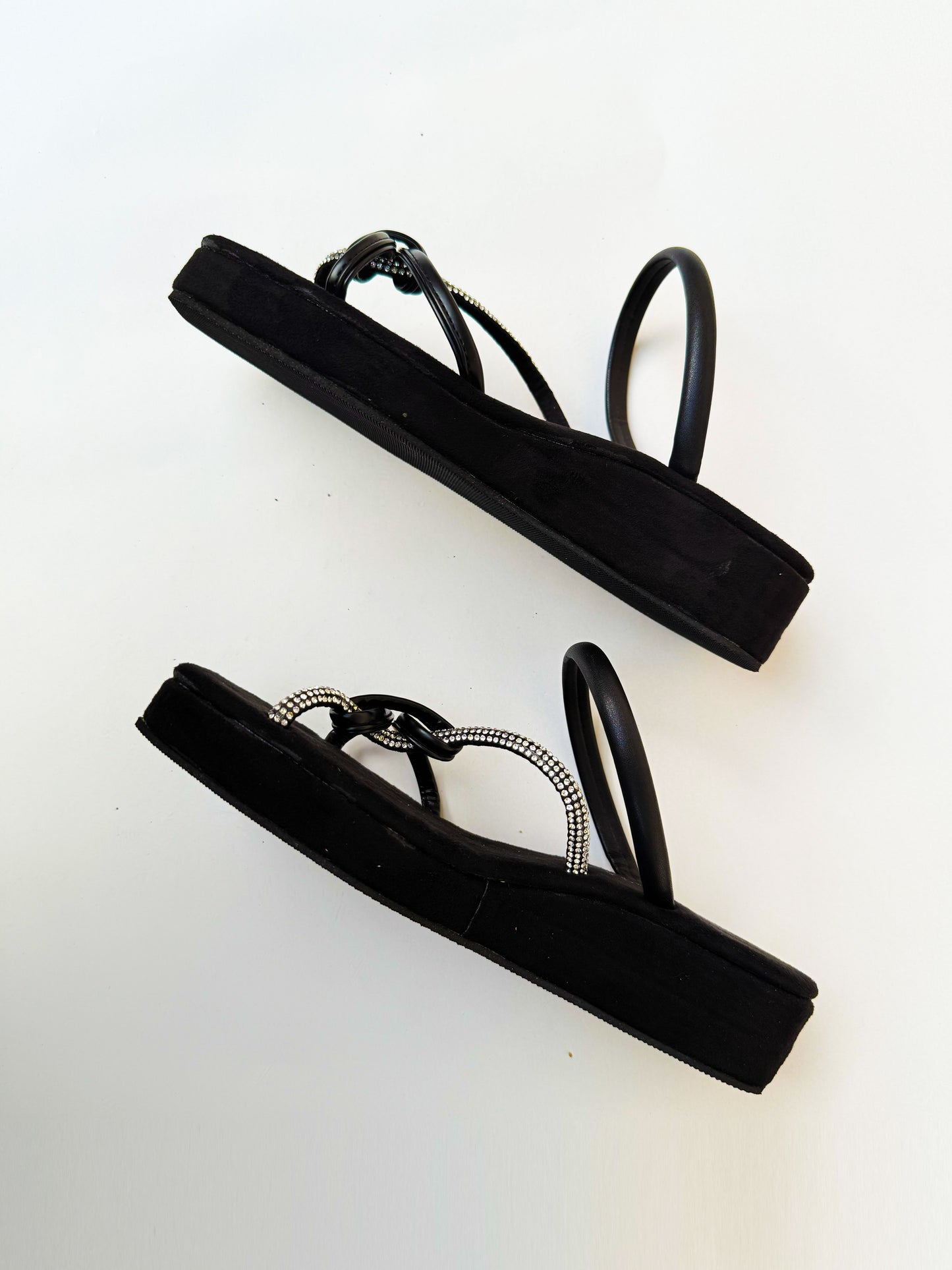 Women's Black Rhinestone Strap Sandals - Crystal Embellished Flat Slingback Footwear