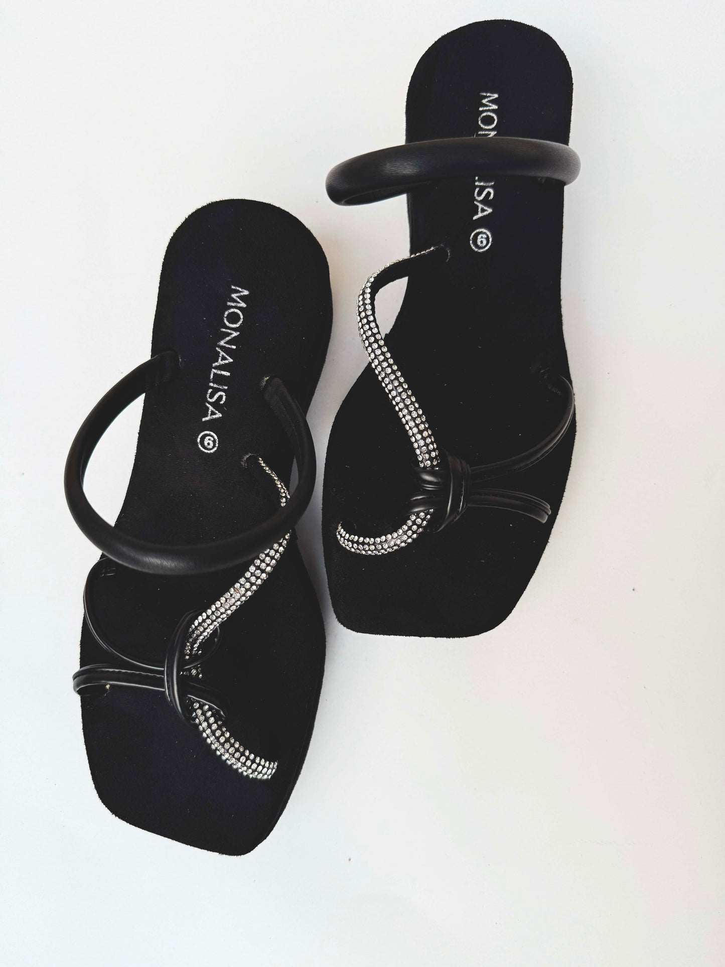 Women's Black Rhinestone Strap Sandals - Crystal Embellished Flat Slingback Footwear