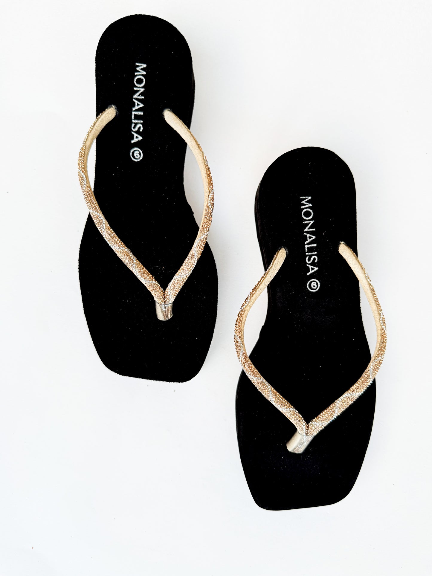 Women's Black Gold Beaded Thong Sandals - Sparkly Flat Flip Flops