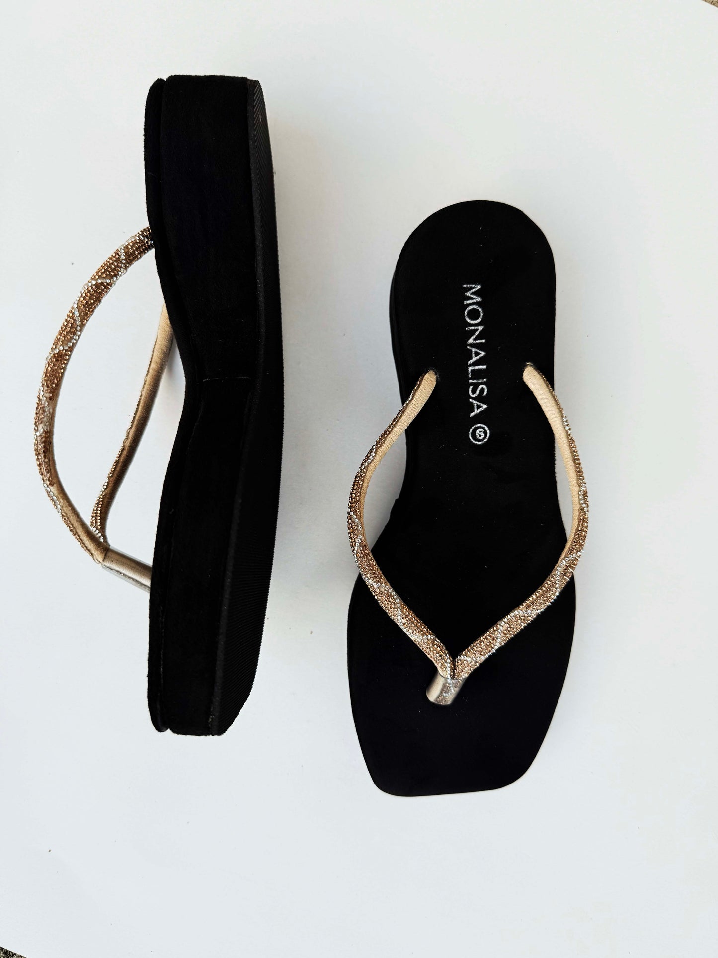 Women's Black Gold Beaded Thong Sandals - Sparkly Flat Flip Flops