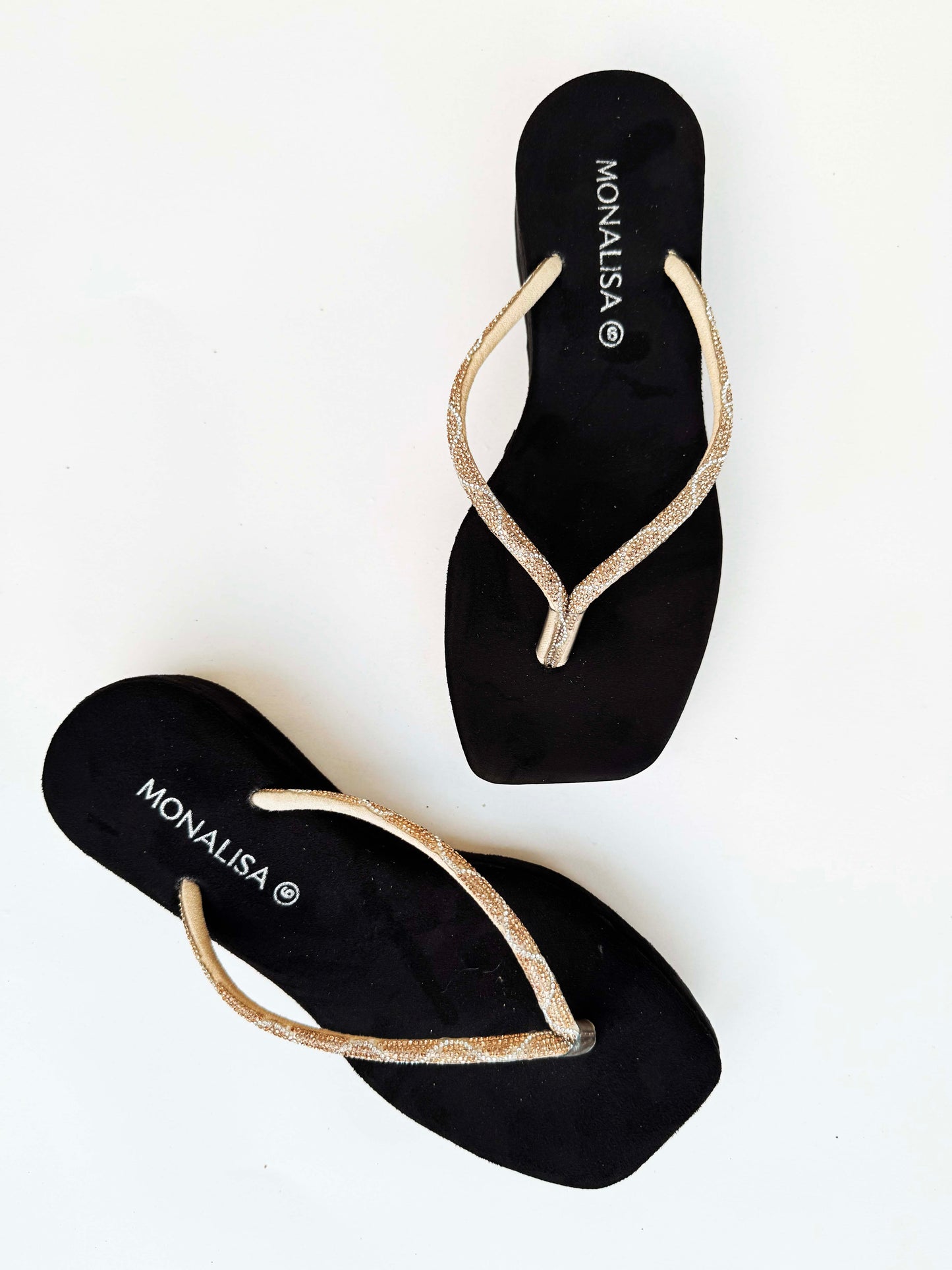 Women's Black Gold Beaded Thong Sandals - Sparkly Flat Flip Flops