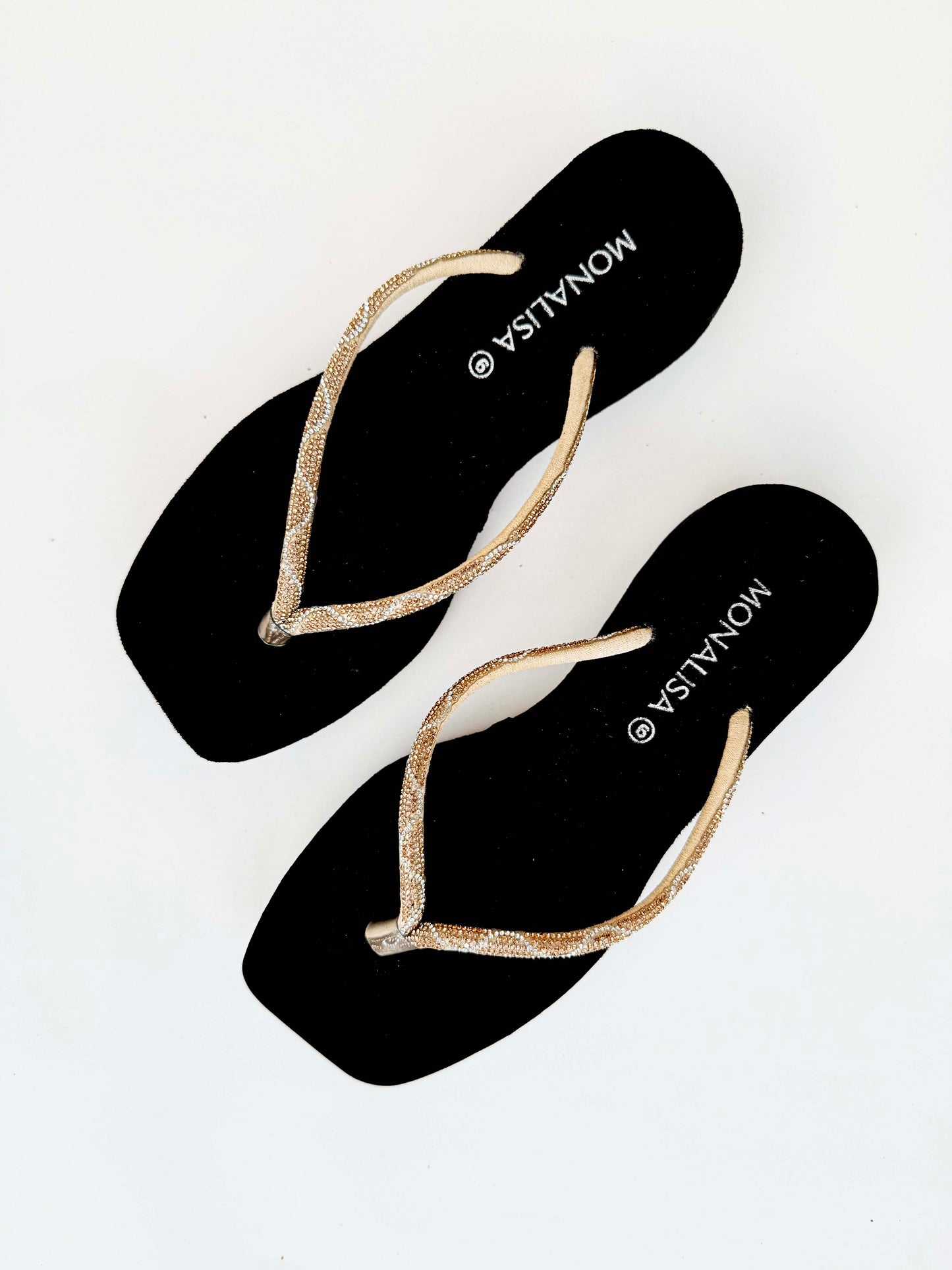 Women's Black Gold Beaded Thong Sandals - Sparkly Flat Flip Flops