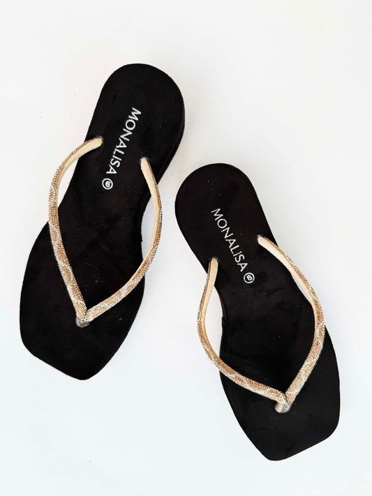 Women's Black Gold Beaded Thong Sandals - Sparkly Flat Flip Flops