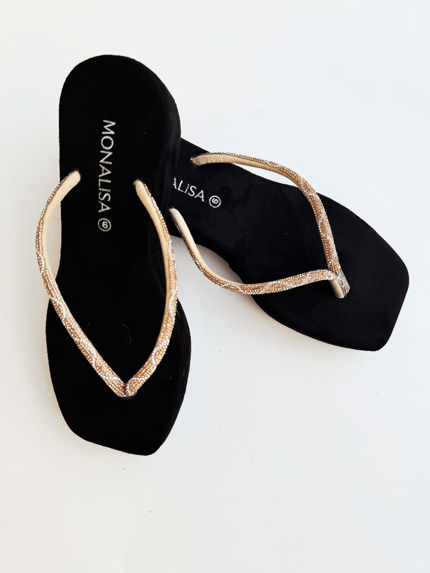 Women's Black Gold Beaded Thong Sandals - Sparkly Flat Flip Flops