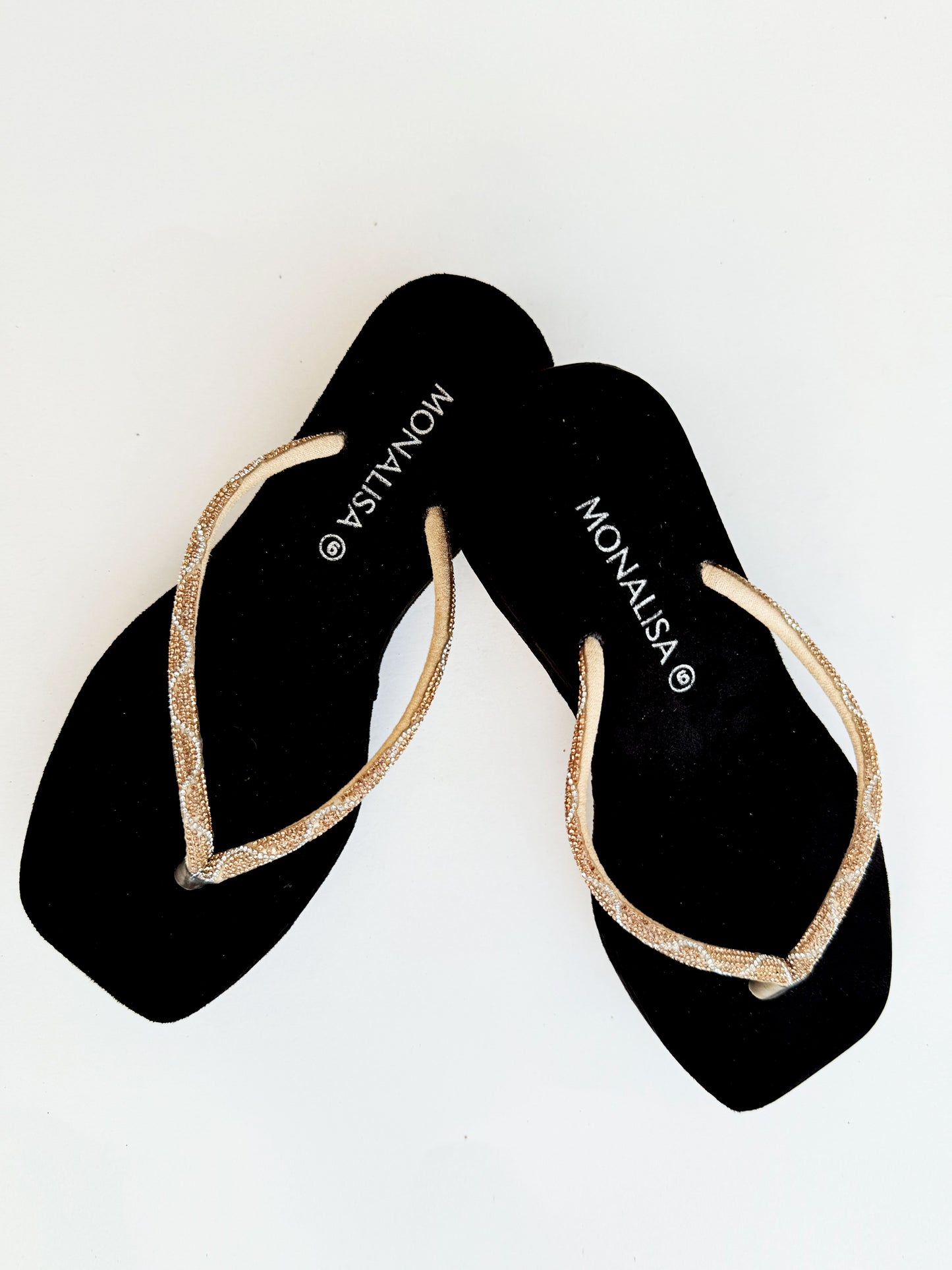 Women's Black Gold Beaded Thong Sandals - Sparkly Flat Flip Flops