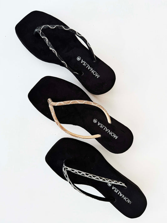 Women's Black Embellished Thong Sandals - Rhinestone and Beaded Flip Flops