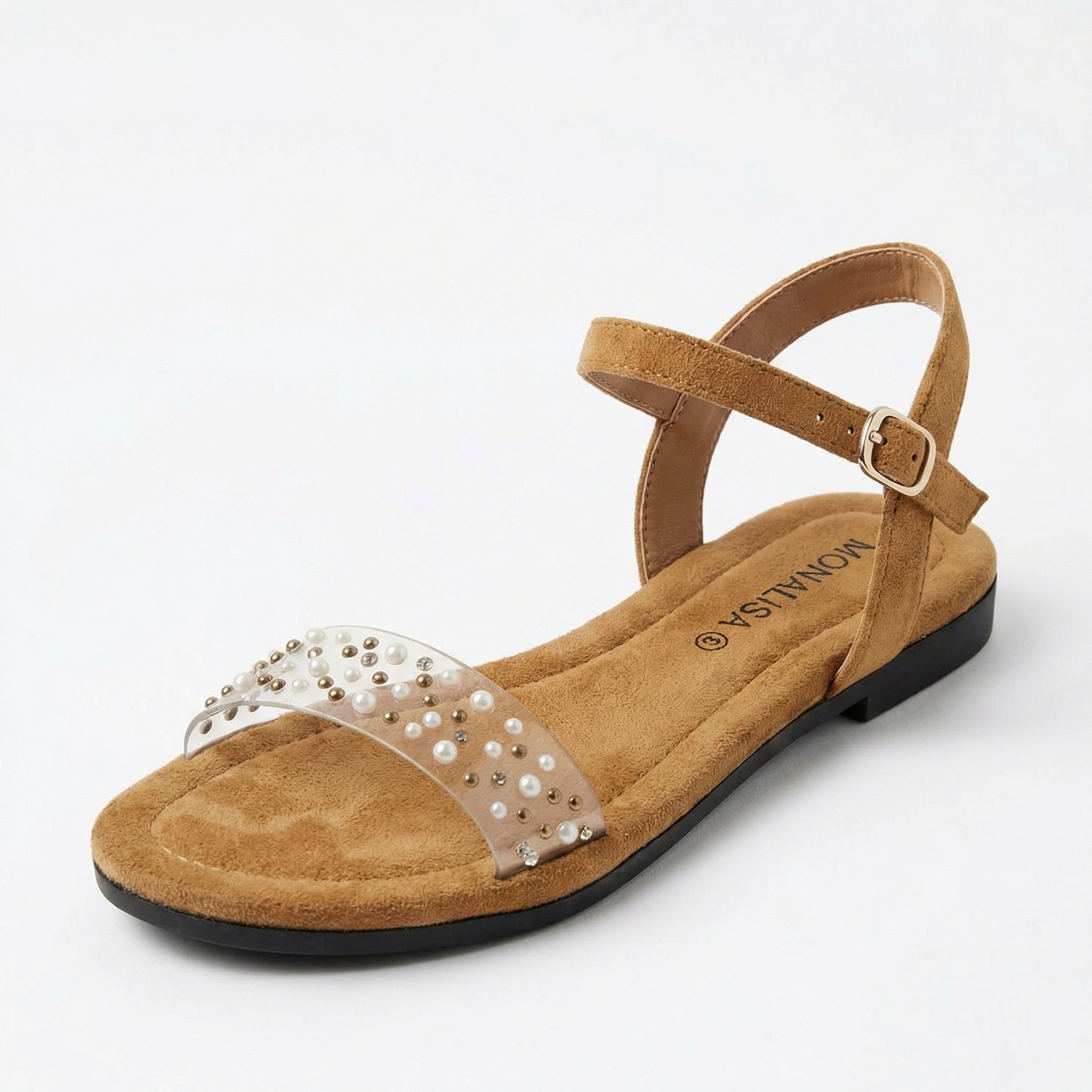 Women's Beige Suede Pearl Embellished Flat Sandals | Monalisa