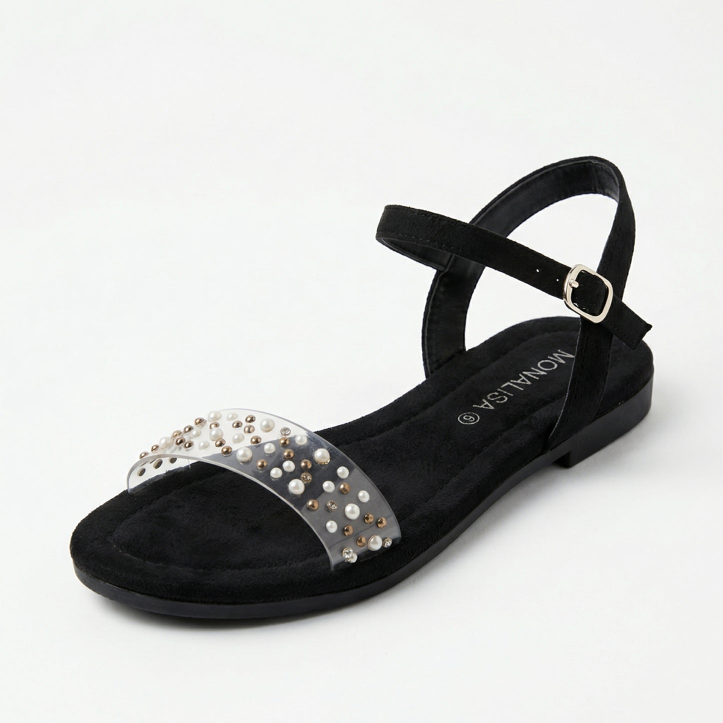 Women's Black Suede Pearl Embellished Flat Sandals | Monalisa