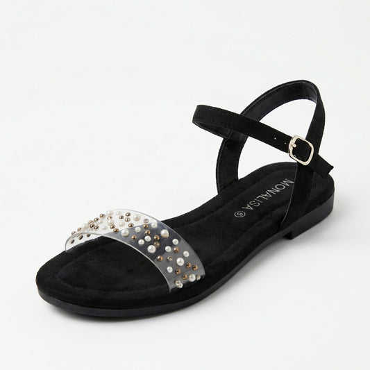 Women's Black Suede Pearl Embellished Flat Sandals | Monalisa