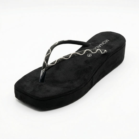 Women's Black Beaded Thong Sandals - Wavy Silver Flip Flops