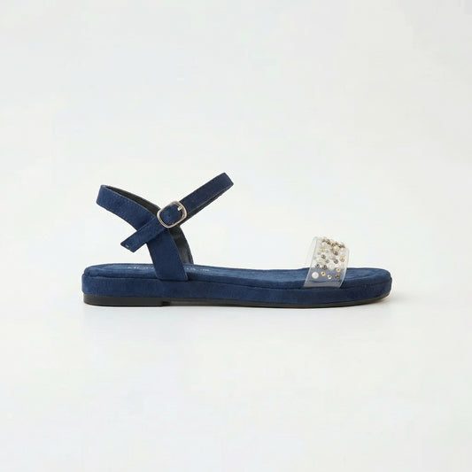 Navy Blue Suede Flat Sandals with Pearl Clear Strap | Monalisa