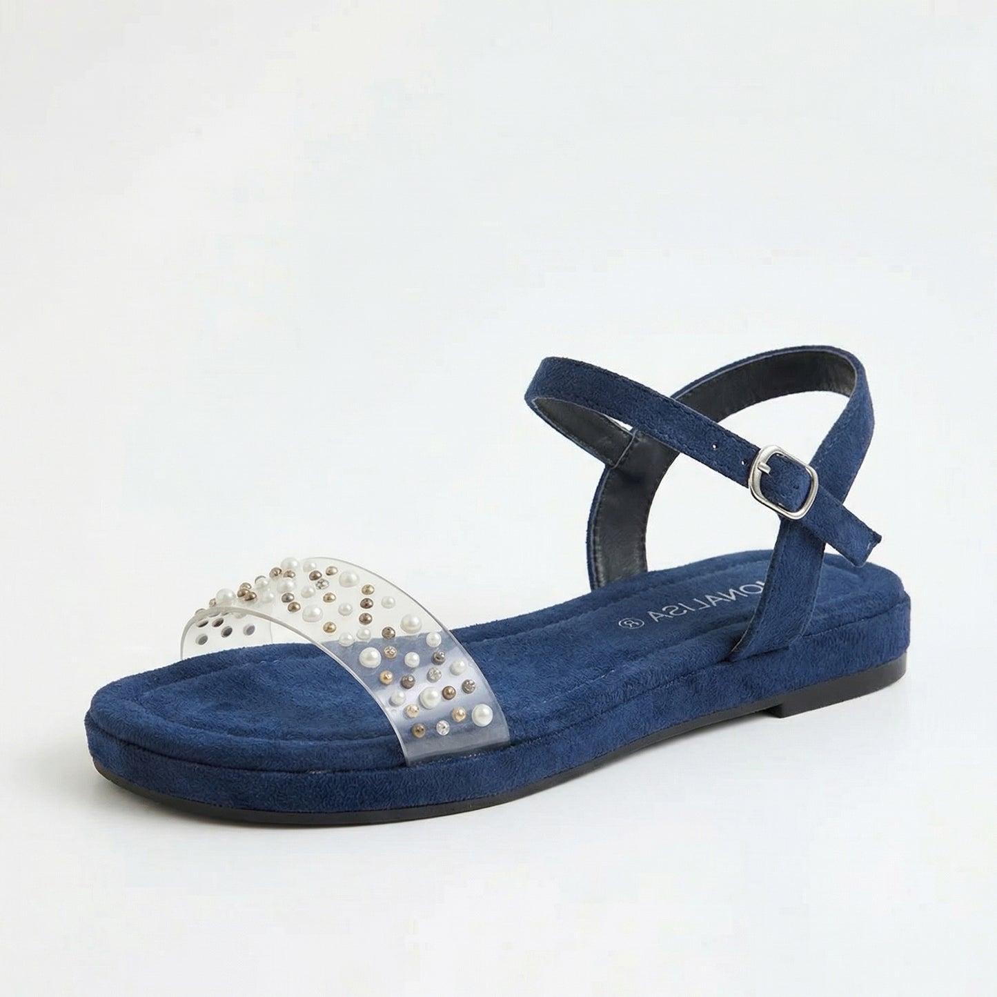 Navy Blue Suede Flat Sandals with Pearl Clear Strap | Monalisa